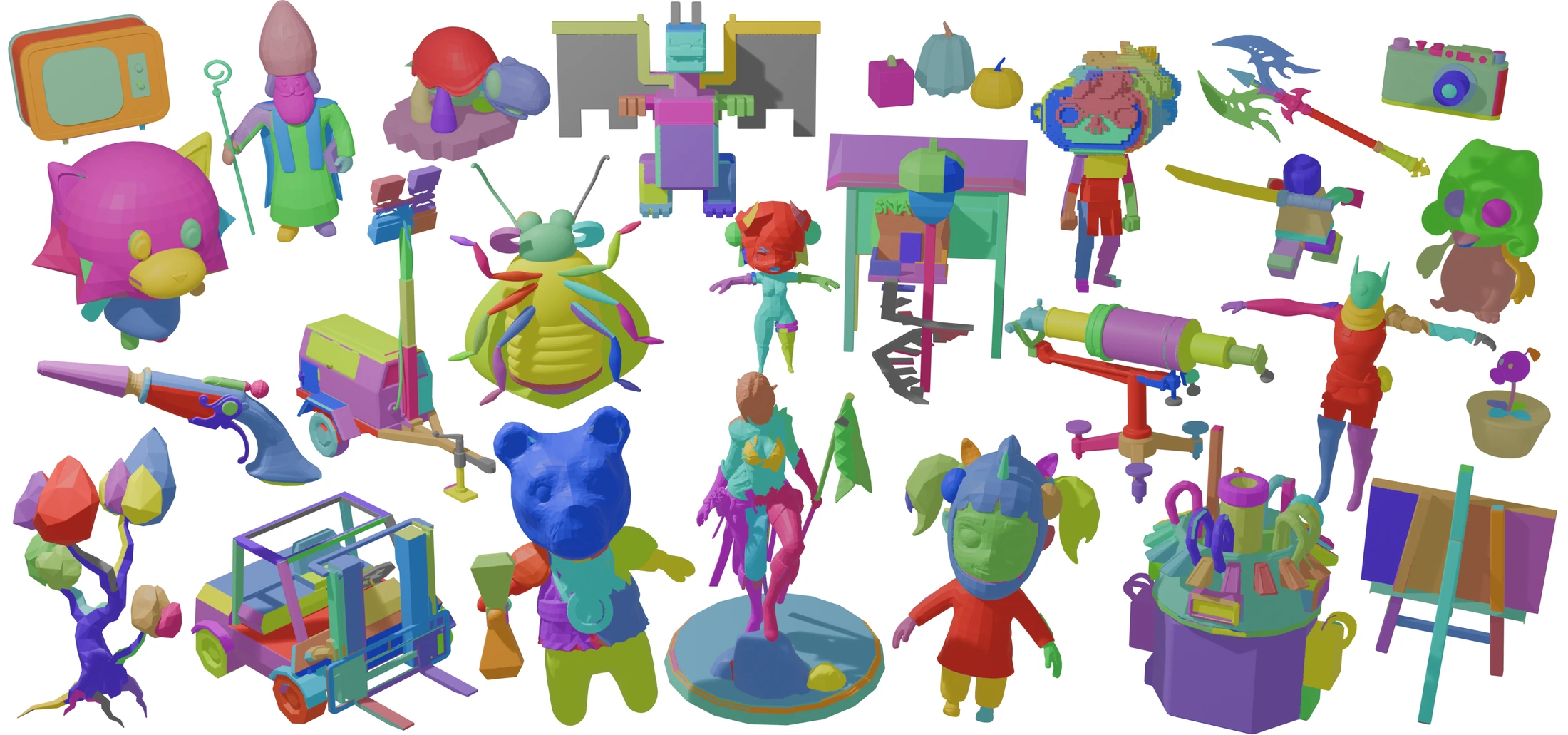 A composite gallery of meshes decomposed into colorful structural parts by Hi-TOPS.